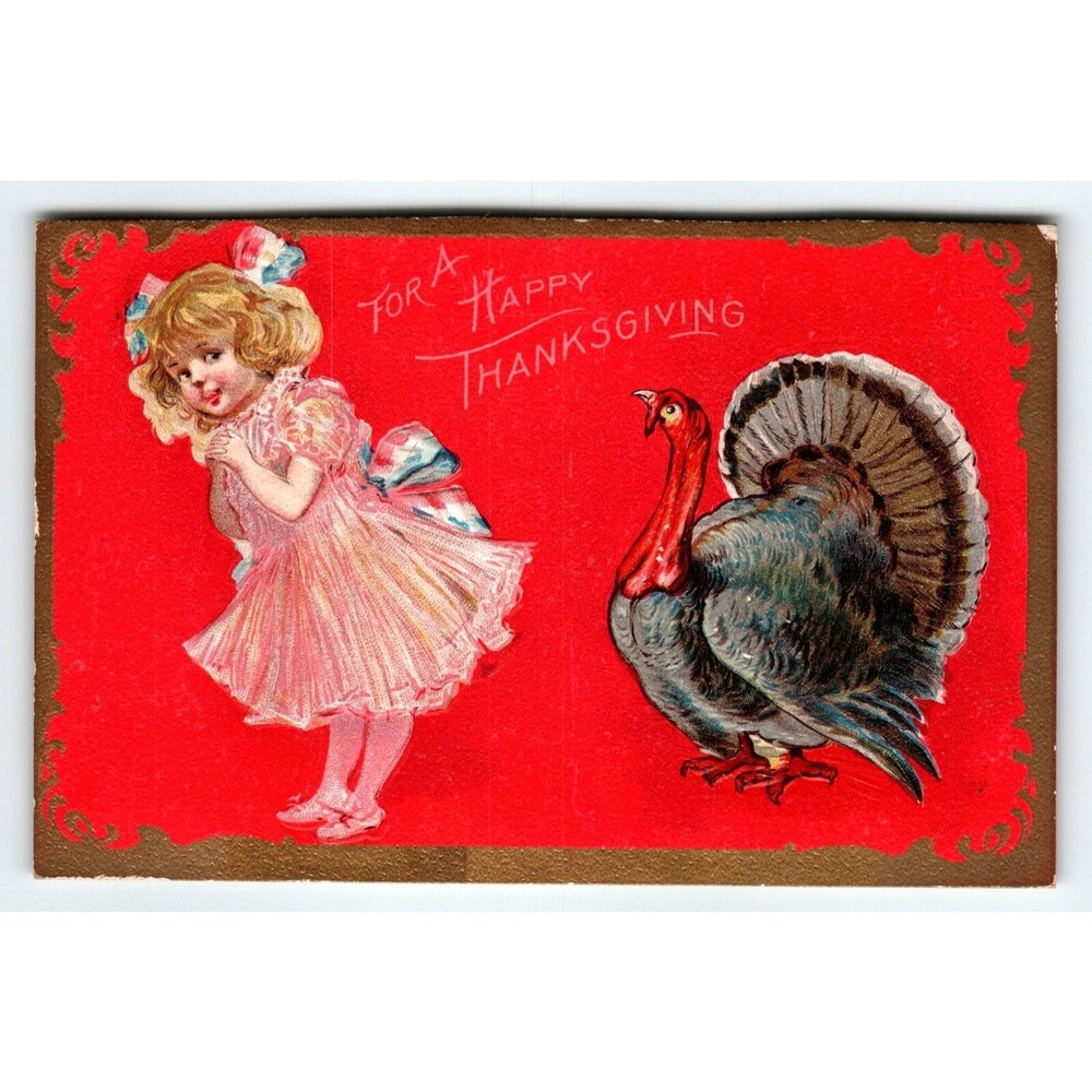 Thanksgiving Postcard Girl Pink Dress Turkey Vintage Greetings Series 6 Embossed